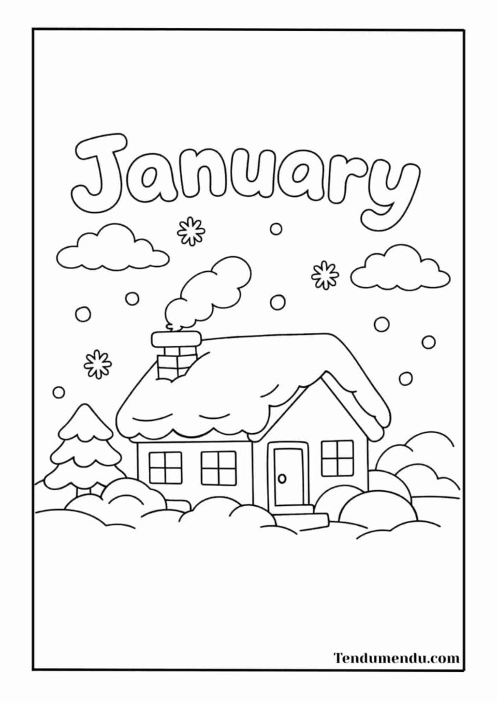 cute winter home coloring sheet january